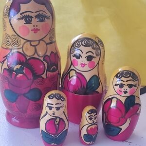 Hand-Painted Matryoshka Nesting Dolls - Pink and Yellow
